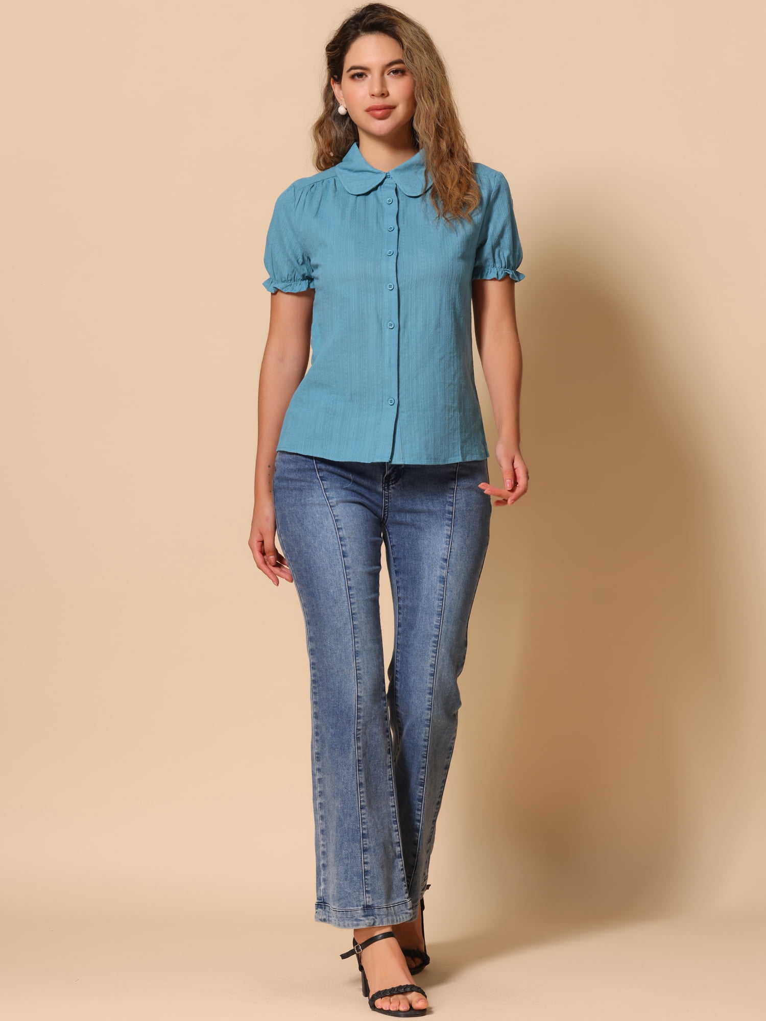 DARING DIVA Women's Cotton Frilled Peter Pan Collar Blouse S Blue Gray