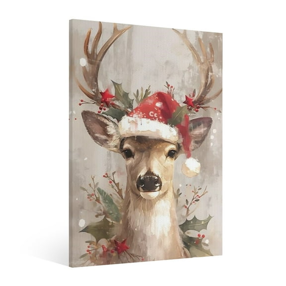 Vintage Christmas Elk Wall Art Paint - Retro Xmas Festive Winter Holiday Christmas Wall Decor Canvas for Living Room Kitchen Bathroom Home Bedroom Decor Framed