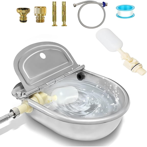 Automatic Water Dispenser for Dogs, Animal Drinking Water Bowl with 2 Float Valve,304 Stainless Steel auto self Filling Dog Water Bowl Dispenser Outdoor Livestock Water Bowl Kit for Chicken.