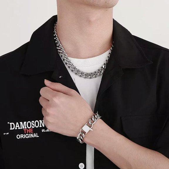 HOOUN Huge Heavy 14mm Cuban Curb Chain Bracelet   Necklace Stainless Steel Jewelry set