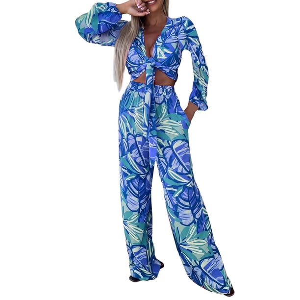 Gibobby Set Pants y Sudadera Mujer Conjunto de dos piezas con temperamento de pantalón y top de manga larga estampado con cordones para mujer(Azul,M)