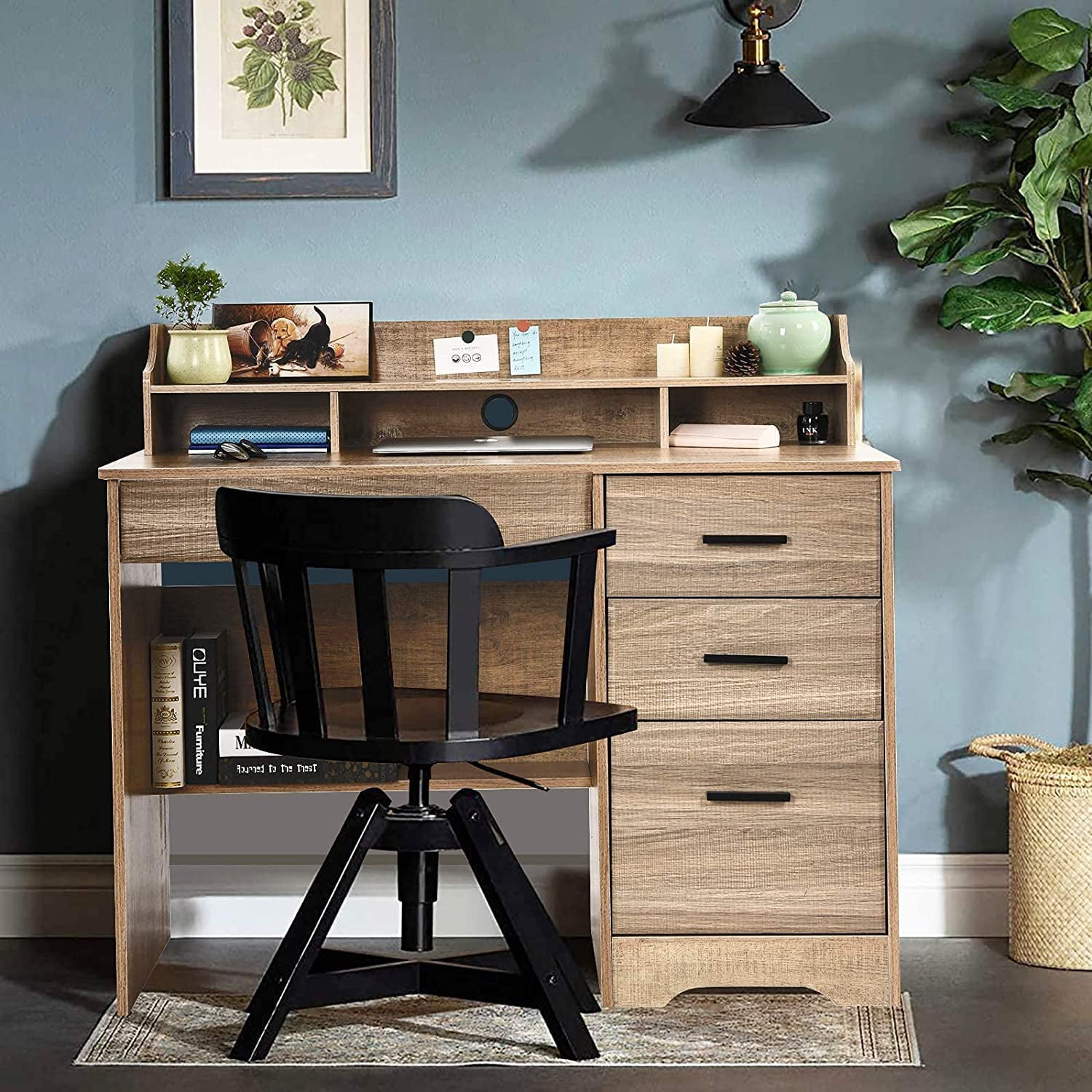 Catrimown Computer Desk with Drawers, Home Office Desk with Monitor Stand, Student Desk with Drawers, Light Oak