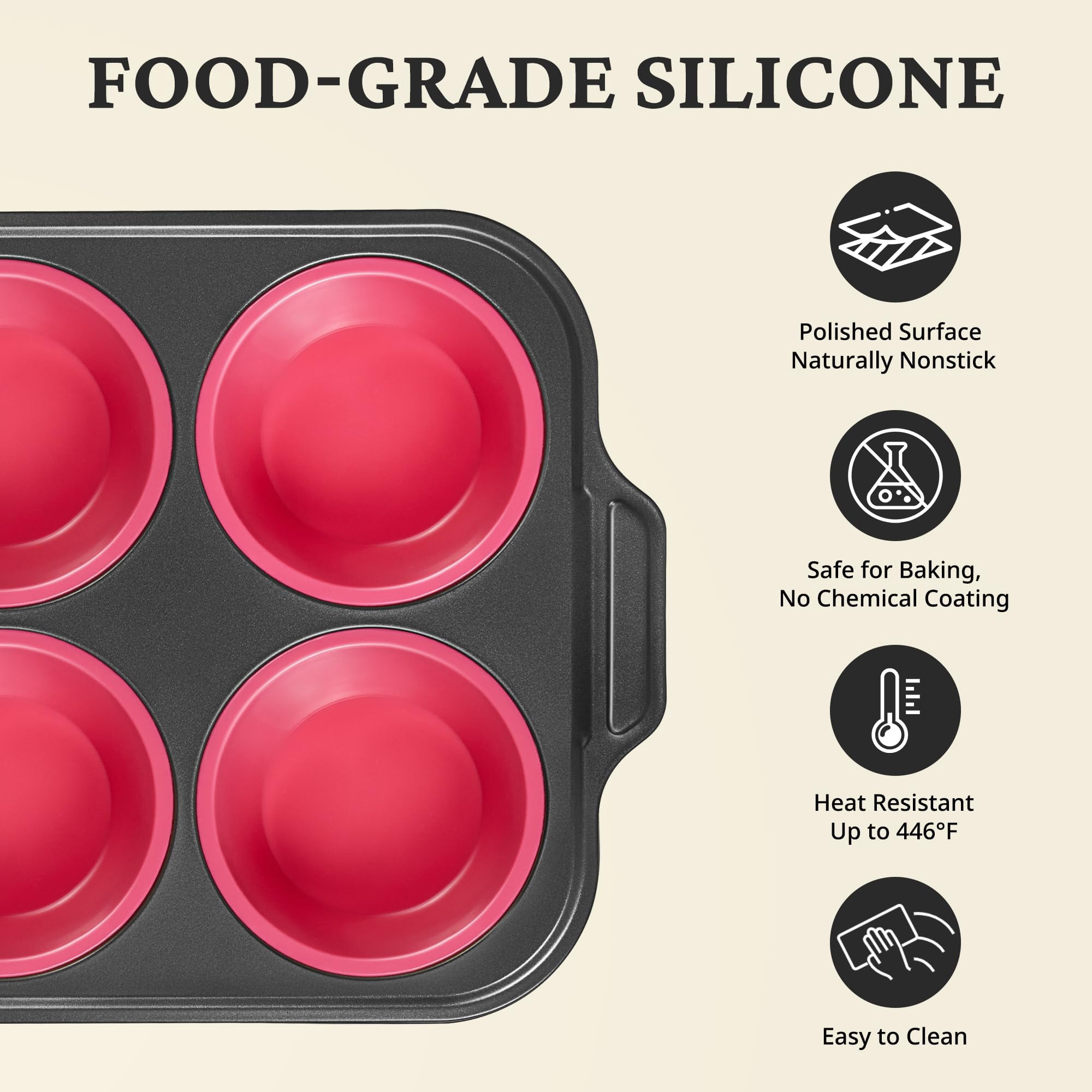 HONGBAKE Jumbo Silicone Muffin Pan with Metal Frame, 3.5" Large Muffin Tins, Non-Toxic Food Grade Silicone, Non-Stick for Egg Bites & Big Cupcakes, Oven Safe, Pink
