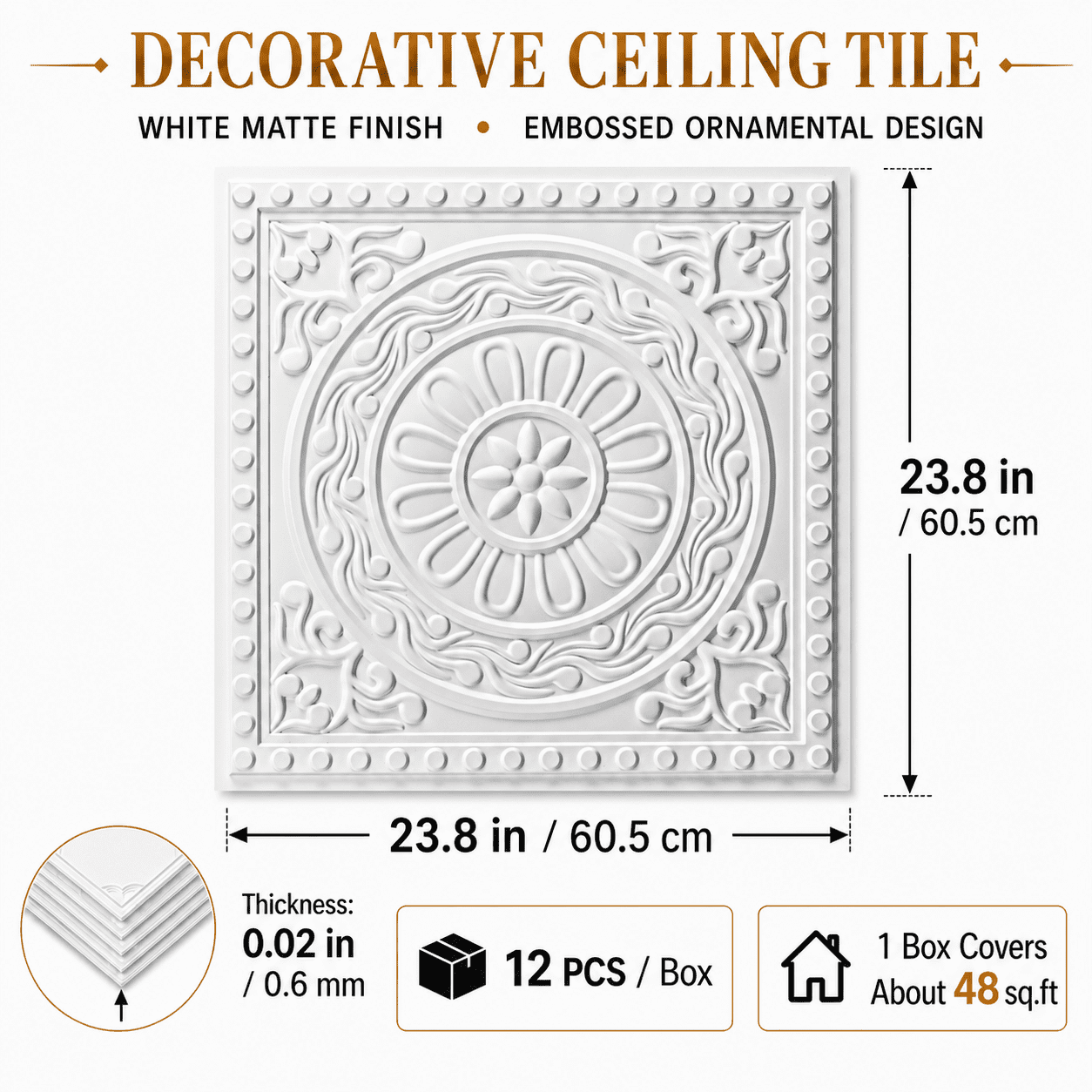 Yeslife 12-Pack Barque White PVC Drop Ceiling Tiles 2x2 ft Waterproof for Living Room Office, 48 sq ft