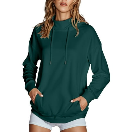 Hoodies for Women Fashion Solid Color Long Sleeve Sweatshirt Turtleneck Pullovers Cotton Oversized Pullover Top with Pocket #06 Green L
