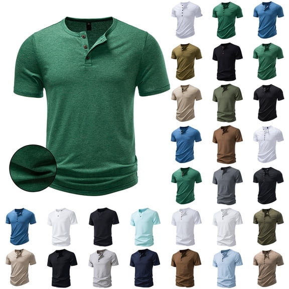Xcmzpl Men's Casual Henley Shirt Short Sleeve Summer Shirts Linen Band Collar Summer Beach Hippie T-Shirts Basic Solid Blouses