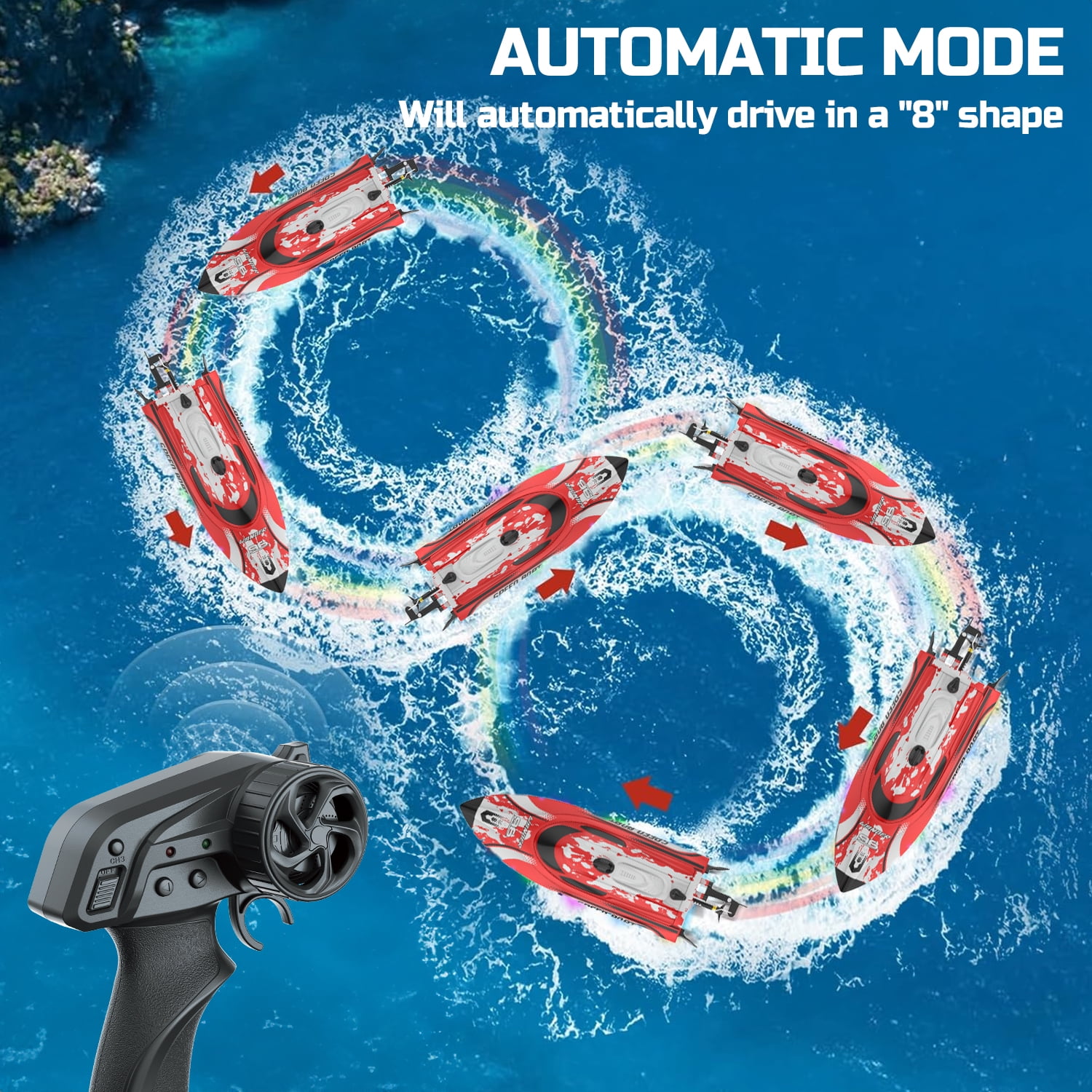 JoyStone Remote Control Boat with LED Lights, 20+ mph, 12 inch High-Speed RC Racing Boats for Pool & Lakes, Pool Toys for Kids & Adults, Blue