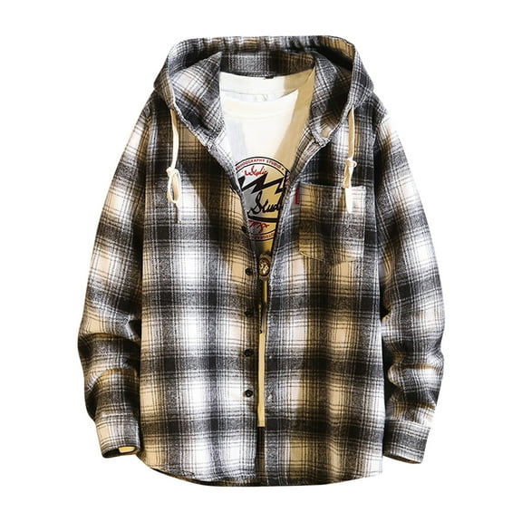 Fesfesfes Casual Jacket Men's Plaid Shirt Loose Long Sleeve Shirt Winter Coat Hooded Tops Outwear & Jackets