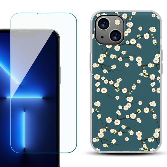 Slim-Fit TPU Phone Case for iPhone 14 Plus, with Tempered Glass Screen Protector, by OneToughShield ® - Blossom Green