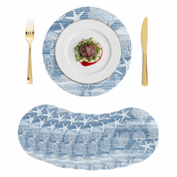 Blue Coastal Round 15 Inch Placemats Set of 8, Nautical Coral Starfish Shell Turtle Summer HeatResistant Non Slip Place Mats for Dining Table, Wipeable Braided Kitchen Table Mats for Housewarming