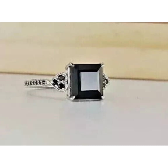 2Ct Lab Created Princess Cut Black Diamond 14K White Gold Plated Silver Square Engagement Ring