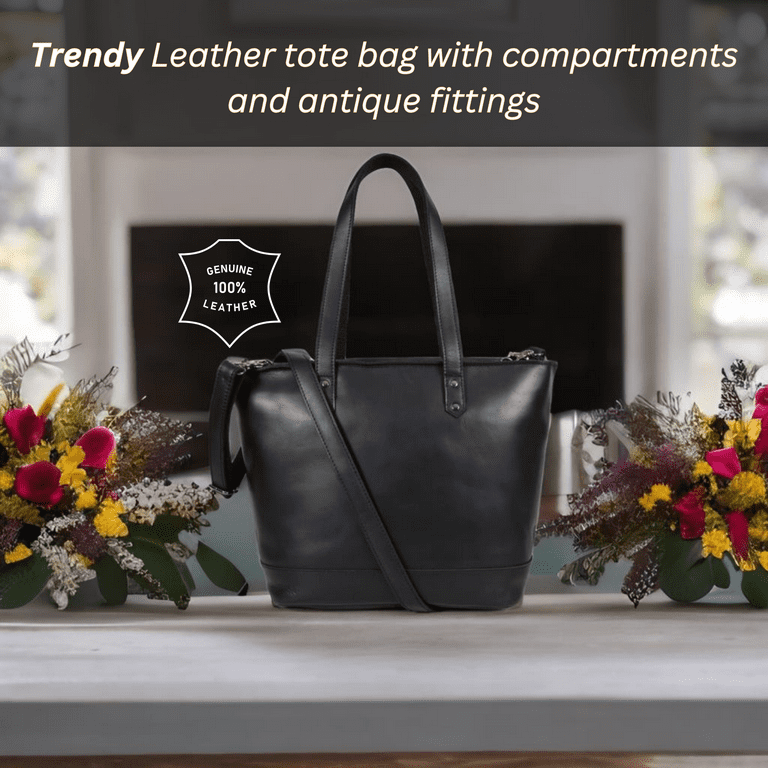 14 inch Genuine Leather Tote Bag with Laptop Compartment For Women - Raven  Black 
