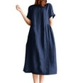 thumbnail image 2 of SMihono Maxi Dresses for Women V-Neck Short Sleeve Cotton Linen Dress Casual Loose Fit Bohemian Long Beach Dress with Pockets Navy XL, 2 of 5