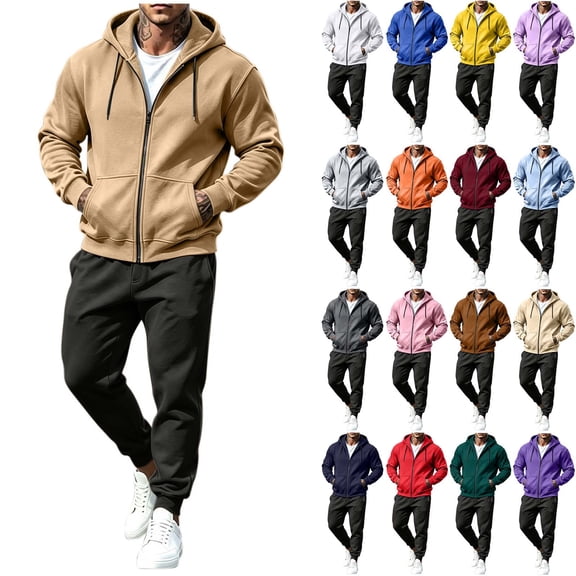 Tracksuits for Men Stylish Casual Zip Up Hoodie Jacket & Joggers Pants Set Cotton Fleece 2 Piece Sweatsuits, Khaki XL
