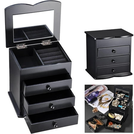 Yescom Wooden Jewelry Box Built-in Mirror Ring Earring Necklace Organizer Storage Case