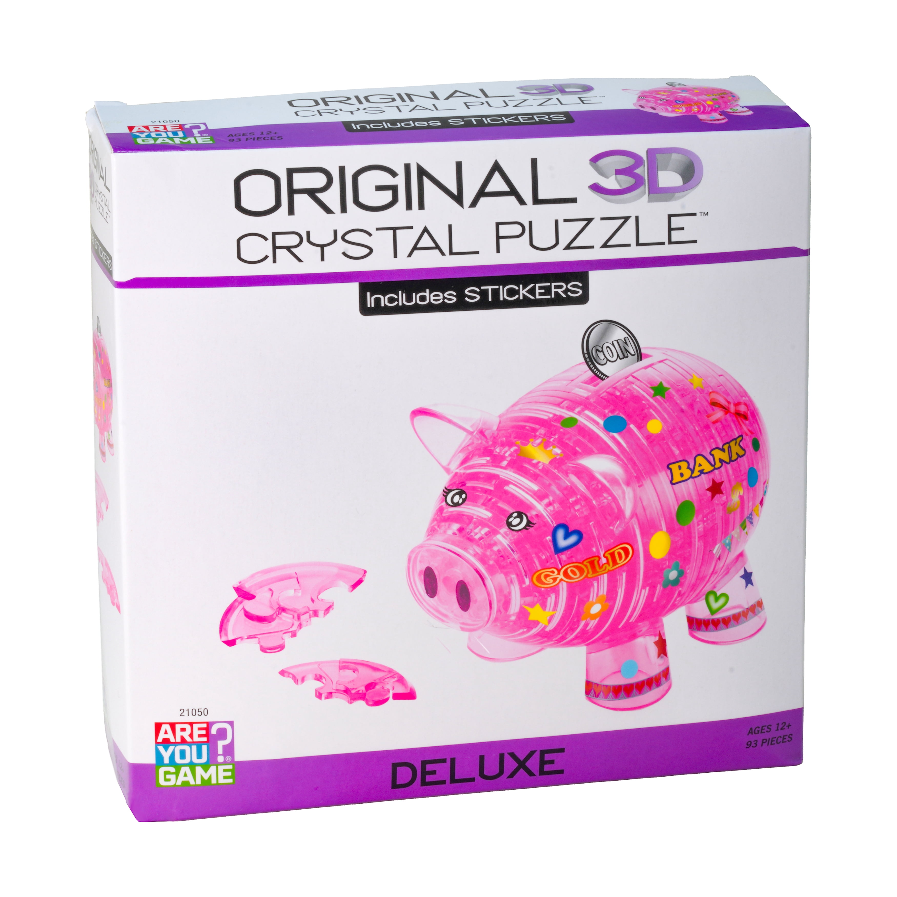 AreYouGame.com 3D Crystal Puzzle - Deluxe Piggy Bank with Stickers (Hot Pink): 93 Pcs