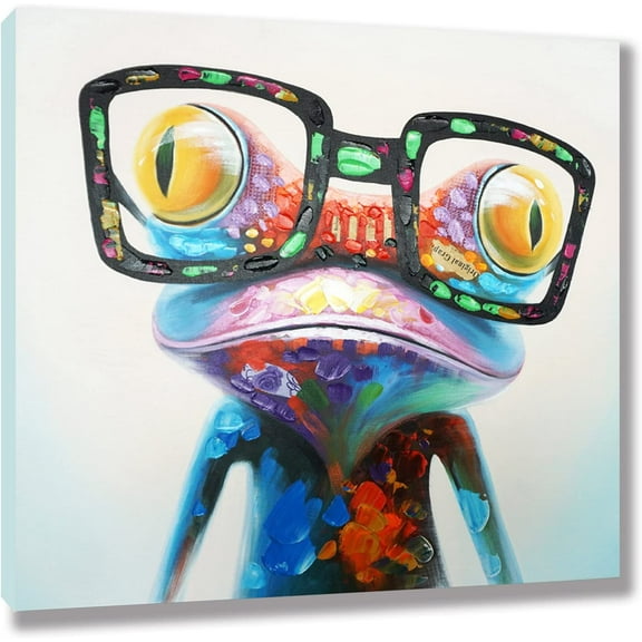 VELVET Frog Wall Art with Glasses Colorful Funny Canvas Animal Paintings Poster Pictures Print Large Artwork for Bedroom Kids Playroom Living Room Kitchen 18x12inch Framed