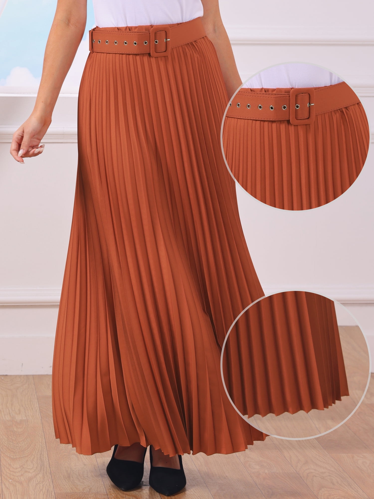 DARING DIVA Women's Elegnat Elastic High Waist Flowy A-Line Maxi Skirt S Reddish Brown
