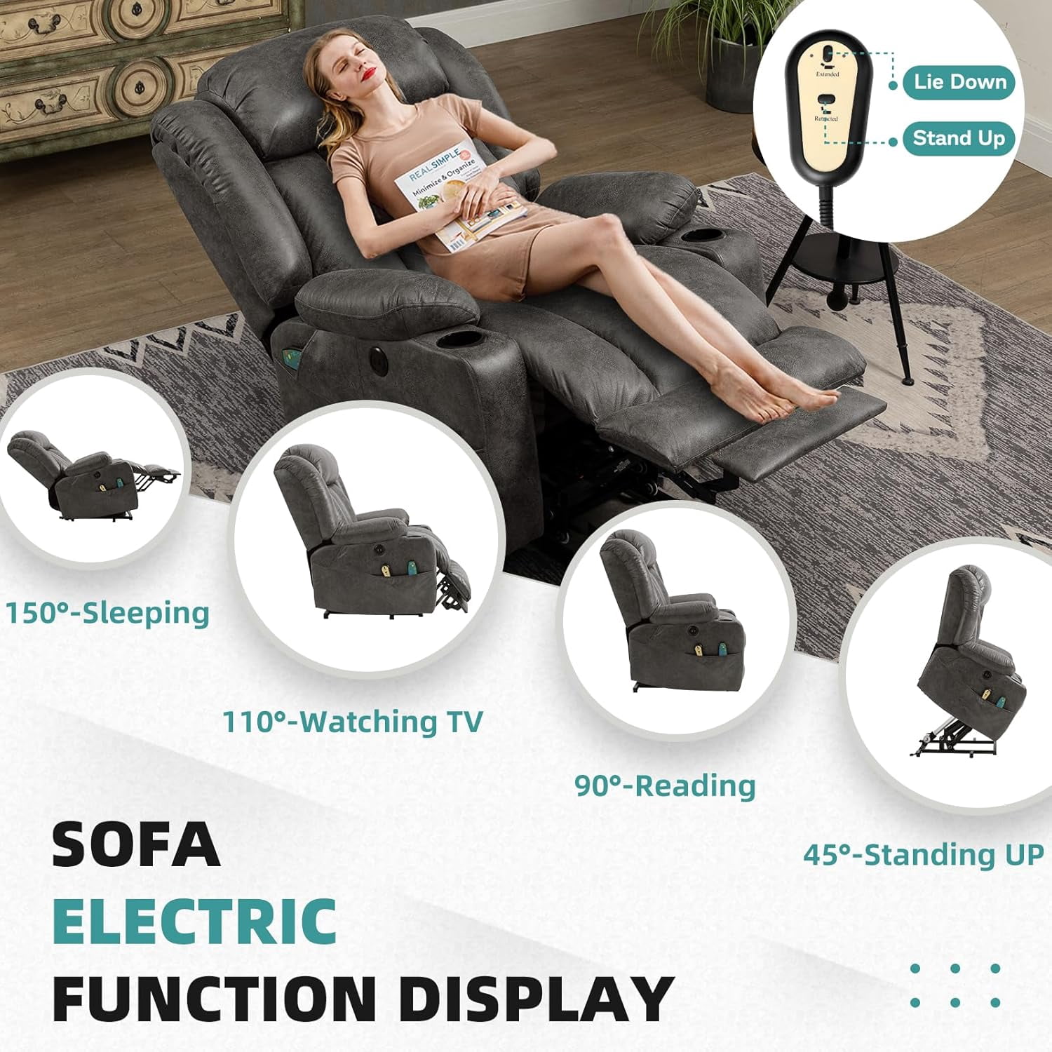 MEETWARM Large Power Lift Electric Recliner Chair with Extended Footrest for Big Tall Man, Overstuffed Wide Recliner with Massage and Heat, 2 Remote Controls/USB Ports/4 Side Pockets(Grey)