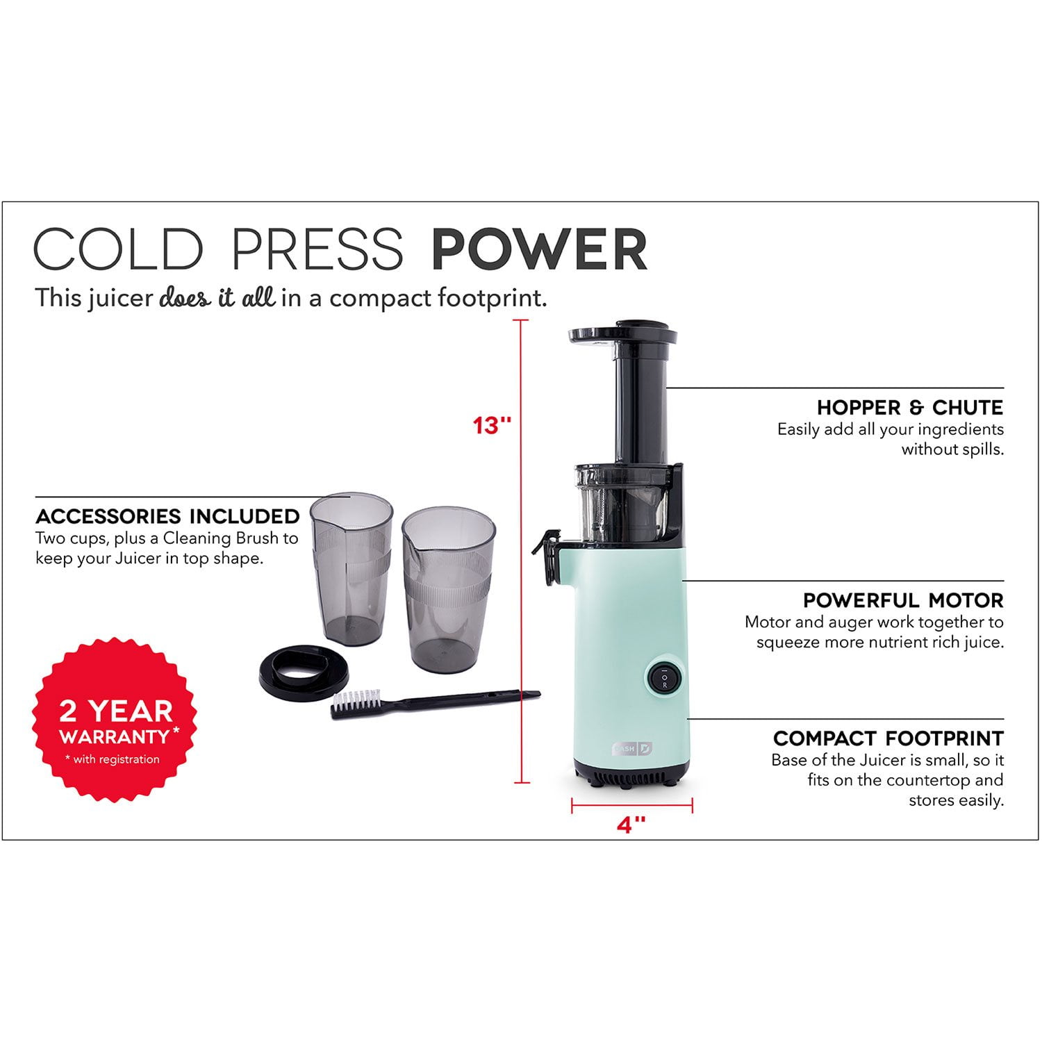 Dash Compact Cold Press Power Juicer, Choose Color