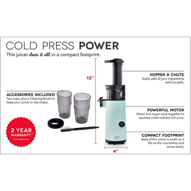 Dash Compact Cold Press Power Juicer, Choose Color