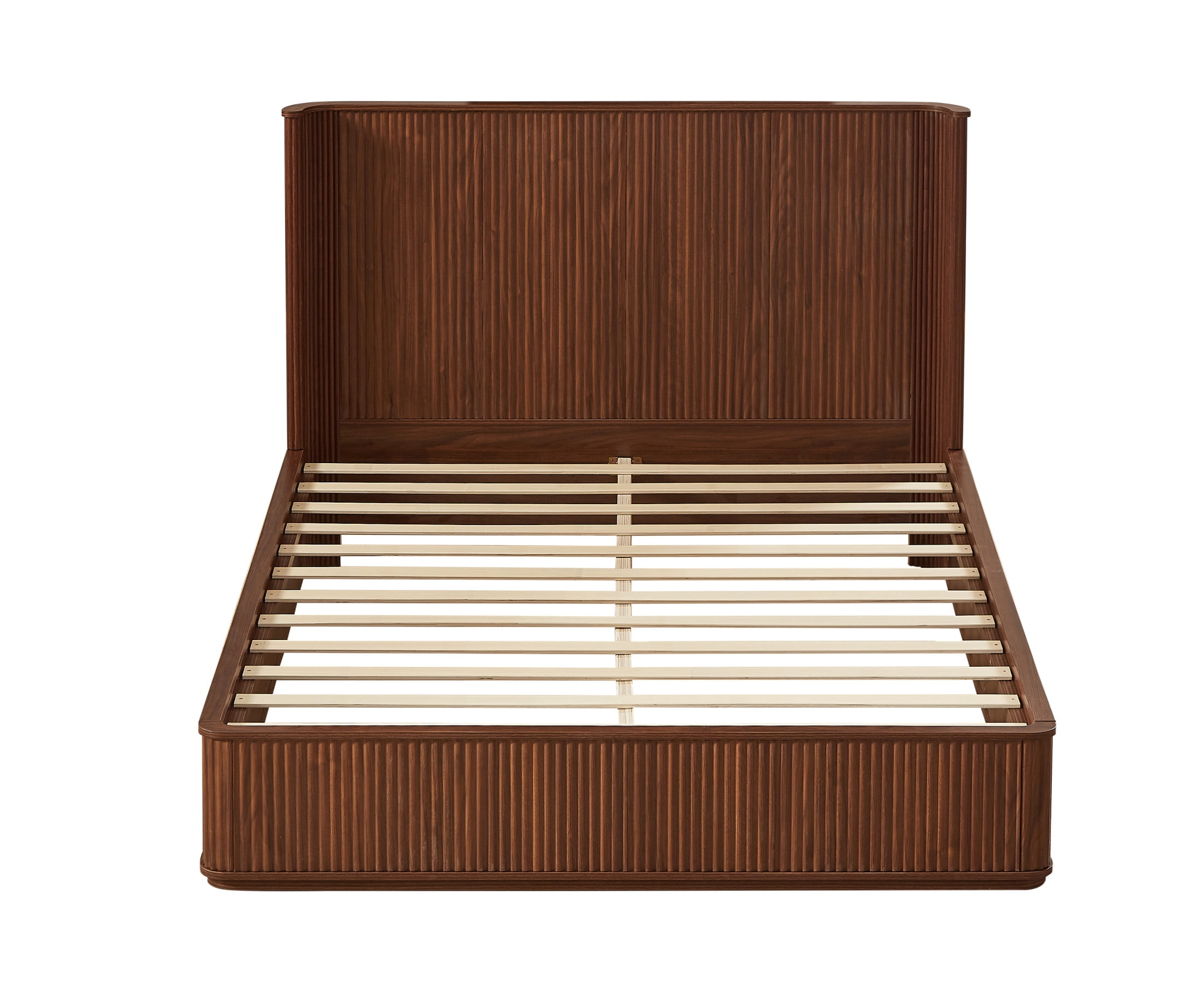 Noble House Queen Platform Bed Frame with 44.49"H Curved Headboard, Wood Slat Support, Walnut
