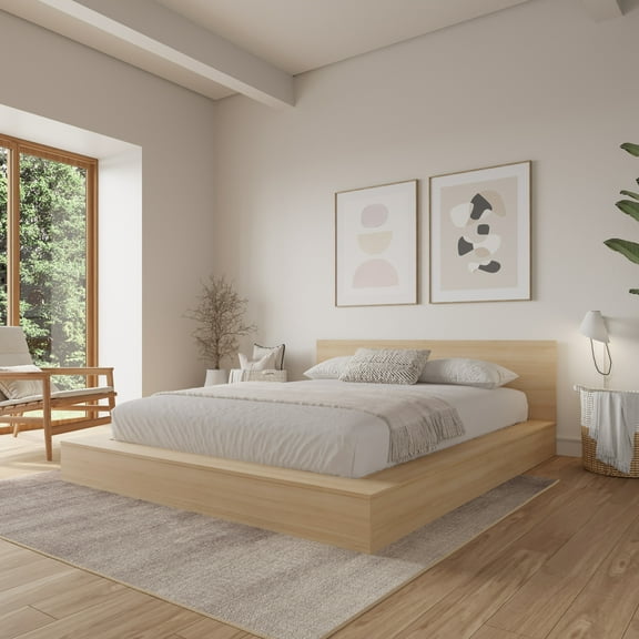 Nexera Kanso Queen Size Low Profile Platform Bed, Natural Blonde Oak