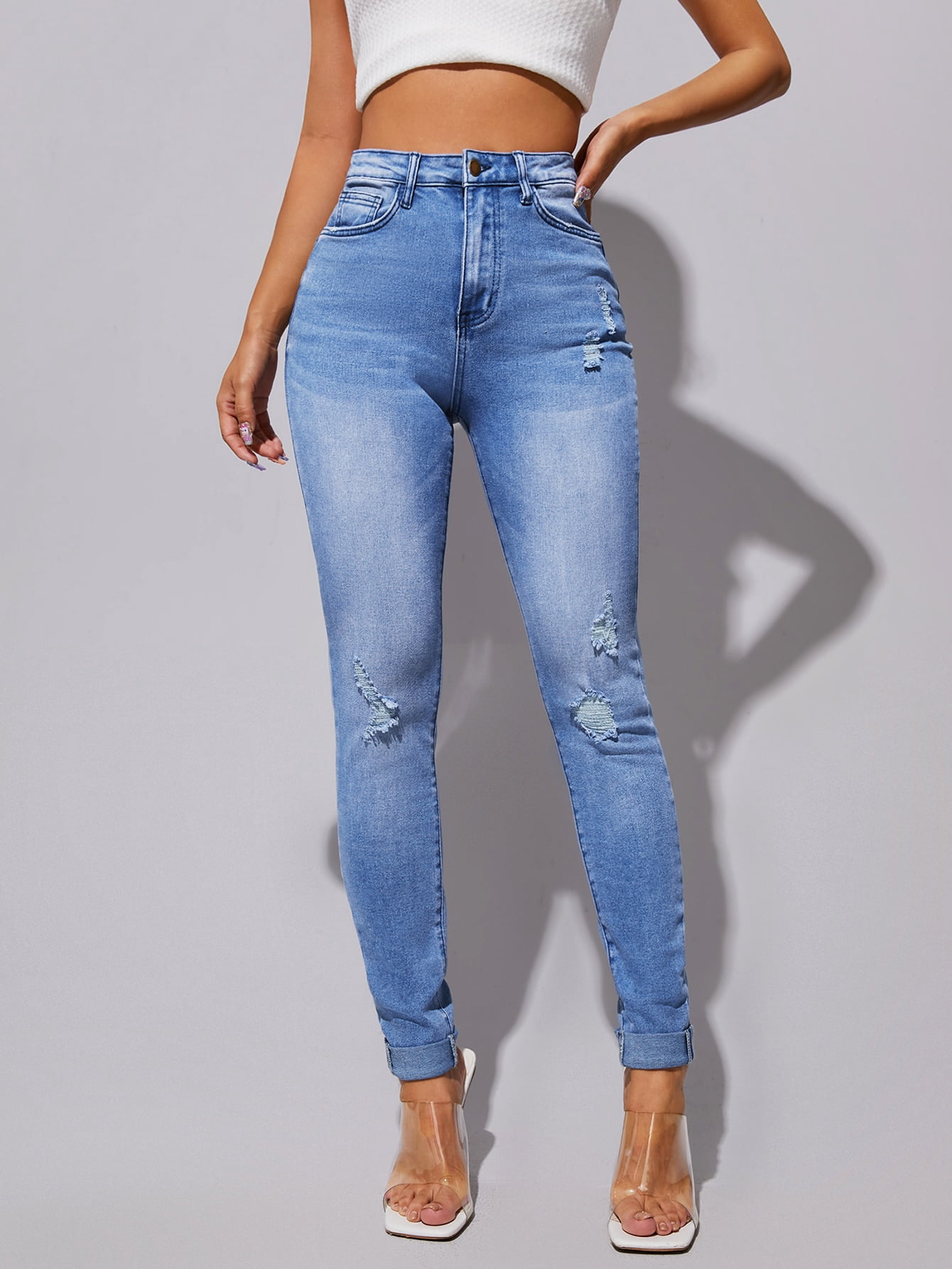 Ripped Roll Up Hem Skinny Jeans 2022 