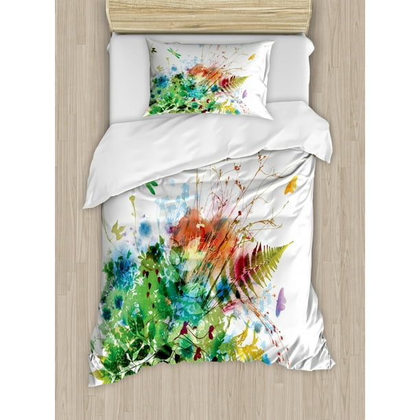 Watercolor Duvet Cover Set Floral Jungle Foliage Summer Design