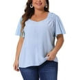 thumbnail image 1 of Blusa de verano de gasa con cuello en V y mangas acampanadas para mujer de tallas grandes Agnes Orinda 3X azul, 1 of 5