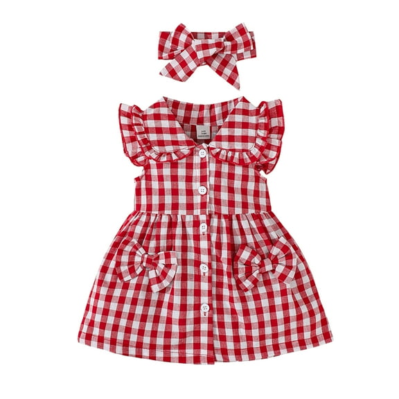 9 Months Baby Girls Dress Infant Girls Summer Plaid Dress 12 Months Girls Flying Sleeve Lapel Dress with Headband Red