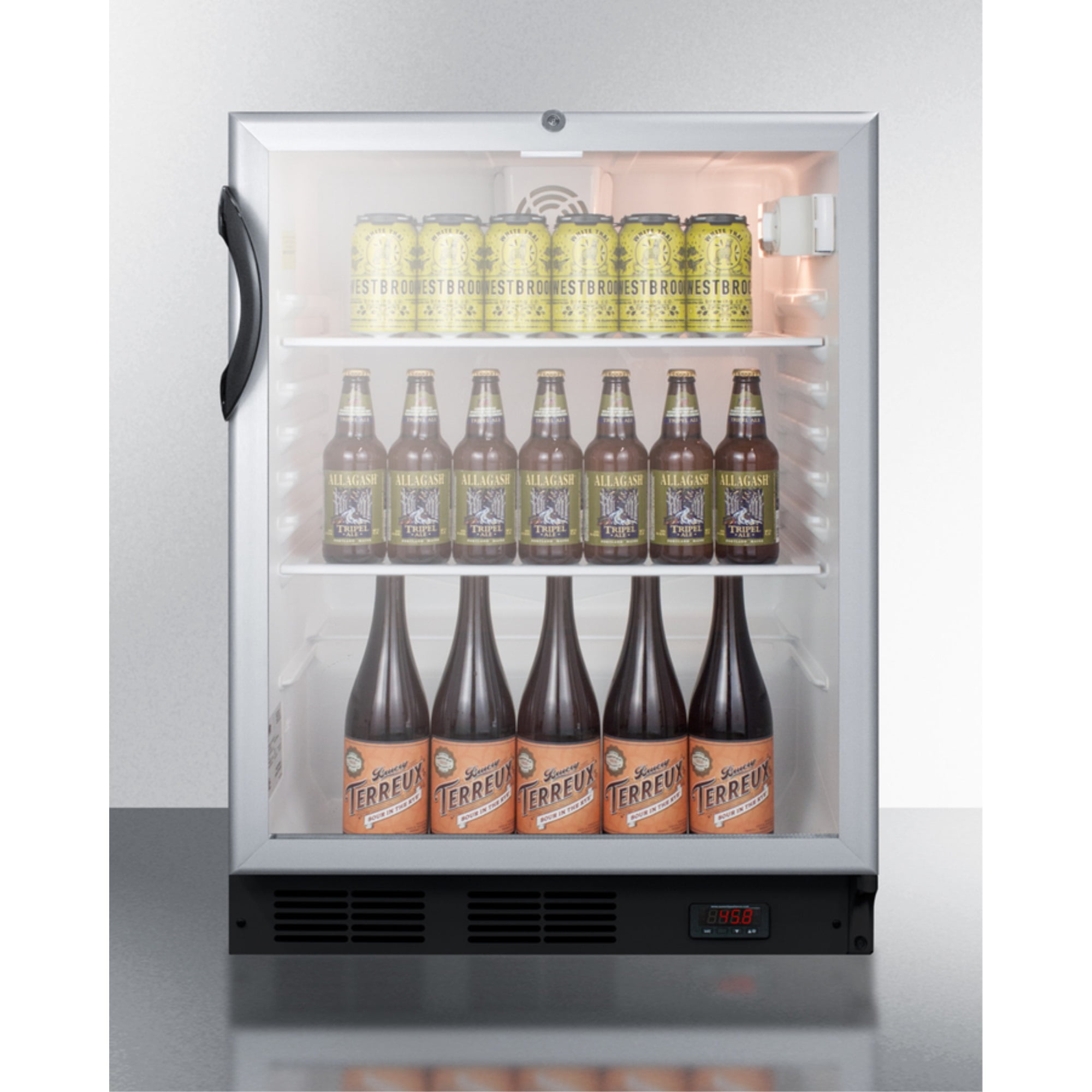 Commercial glass door built-in ADA compliant craft beer and wine refrigerator with digital thermostat, black cabinet, and lock