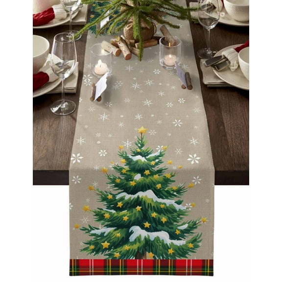 Christmas Table Runner Star Xmas Tree Table Runners Red Green Buffalo Check Plaid Cotton Linen Dresser Scarf Kitchen Dining Table Decor for Christmas Holiday Party Decor 13x72 Inch