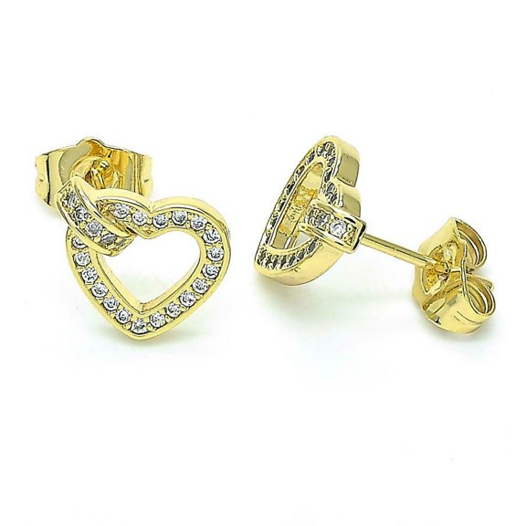 14k Gold Plated Stud Earrings Open Heart Design W/ Micro Pave White Cz