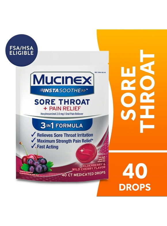 Mucinex Instasoothe Cough Drops, Sore Throat Lozenges, Elderberry & Cherry, 40 Count