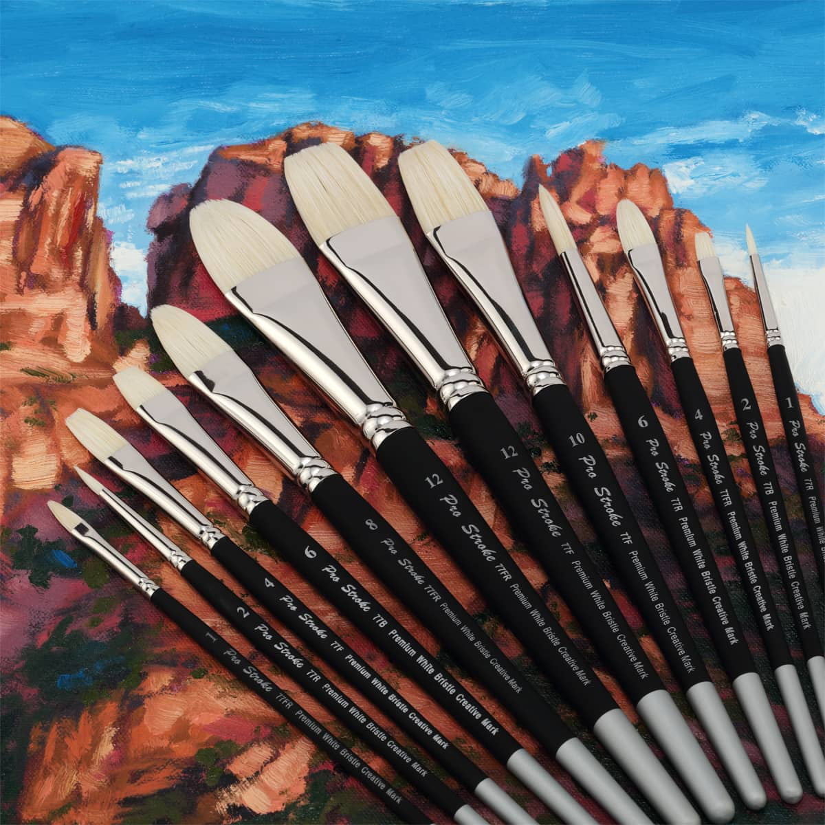 Creative Mark Pro Stroke Premium White Chungking Hog Bristle Artist Paint Brush - Short Handle Set of 12 with Easel Case - Natural Bristle Brush w/ Soft Touch Handle for Oils and Acrylics