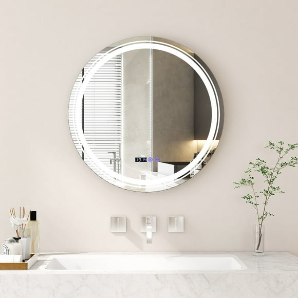 Gymax Miroir de Salle de Bain Rond à DEL avec Lumières à DEL 3 Couleurs Affichage de l'Heure et de la Température