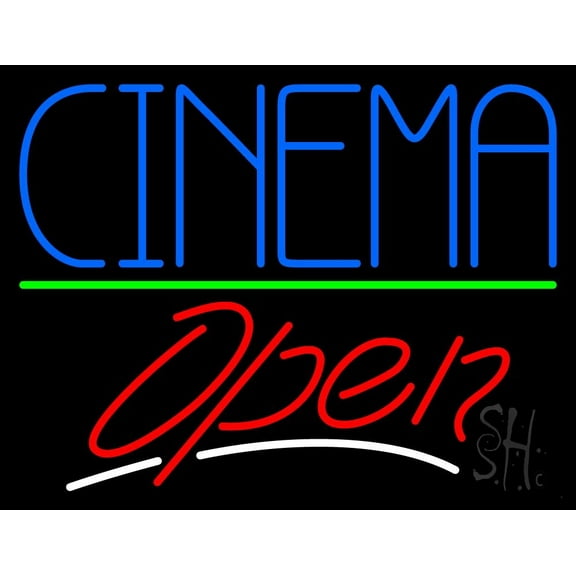 Blue Cinema Open LED Neon Sign 24" Tall x 31" Wide - inches Black Square Cut Acrylic Backing, with Dimmer - Premium built indoor Sign for Cinema.