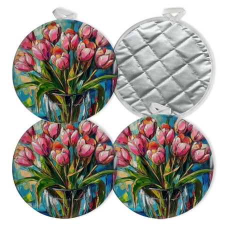 

4 PCS Pot Holders for Kitchen Potholders Sets with Hook for Oven Cooking Baking Elegance Of Pink Tulips In Glass Vase