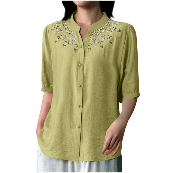 2025 Embroidered Tops for Women Cotton Linen Short Sleeve Summer Blouses Boho Floral Mexican Peasant Shirts Tunic Top