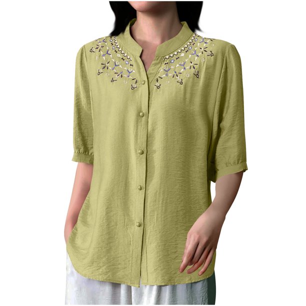 Vestidos Casuales Para Mujer, Blusas De Mujer De Moda Blusa informal holgada lisa con cuello en V y mangas 3/4 para mujer, primavera y verano