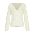 thumbnail image 5 of XFLWAM Women's Long Sleeve Wrap Tops Sexy Casual Waffle Knit V Neck Shirts Slim fit Ruched Top Blouses Summer, 5 of 7