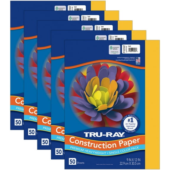 Tru-Ray Construction Paper, Heavyweight, Gold, 9" x 12", 50 Sheets Per Pack, 5 Packs