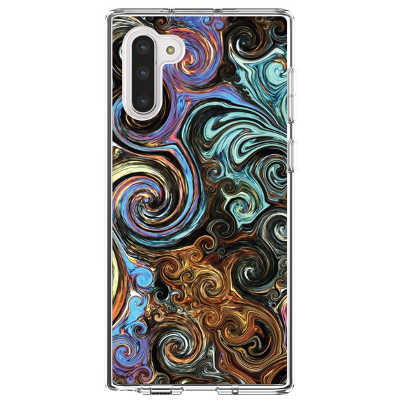 DistinctInk Clear Shockproof Hybrid Case for Samsung Galaxy Note 10 (6.3" Screen) - TPU Bumper, Acrylic Back, Tempered Glass Screen Protector - Gold Brown Black Blue Abstract Swirls - Abstract Swirls
