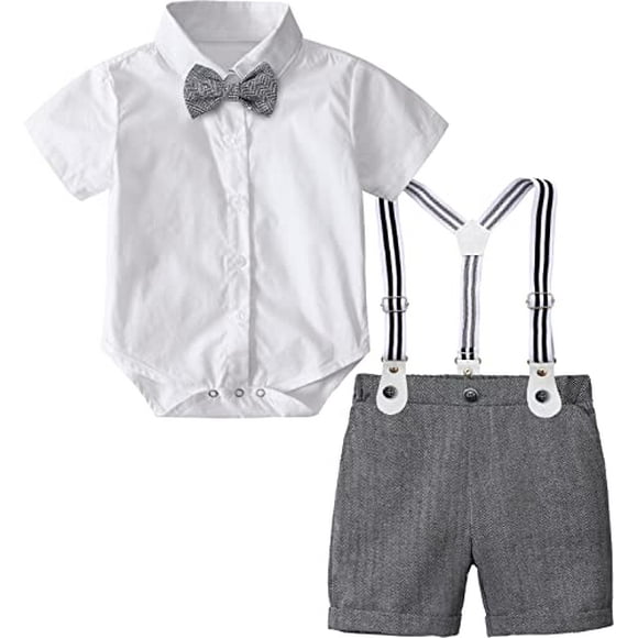 A J DESIGN Baby Boy Gentleman Outfit Toddler Easter Suspenders Formal Suits 9-12 Months White and Gray