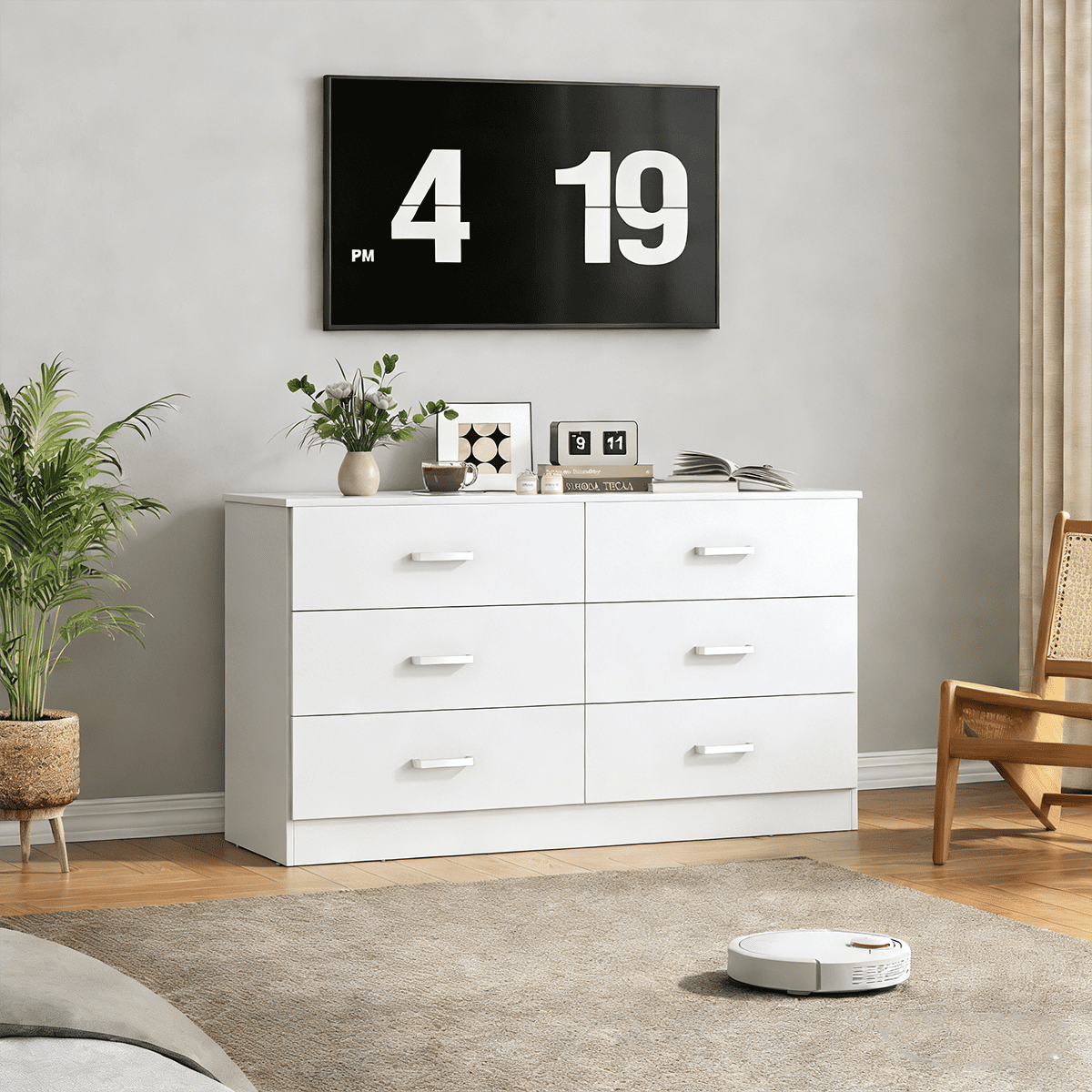 Winkalon White Dresser for Bedroom, 6 Drawer Dresser Chest of Drawers, Wood Dressers for Closet, Wide Modern Dressers for Living Room, Hallway, Entryway, TV Stand, White