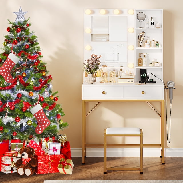 Coiffeuse Moderne avec Miroir DEL et Station de Recharge - 2 Tiroirs, 3 Modes d'Éclairage Réglables, Tabouret Inclus, Parfait pour le Maquillage et le Rangement de la Chambre - Blanc+or