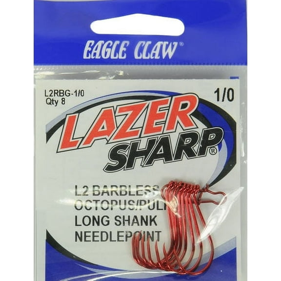 Lazer Sharp L2RBGH-1/0 Barbless Long Shank Octopus Hook, Red, Size 1/0, 8 Pack