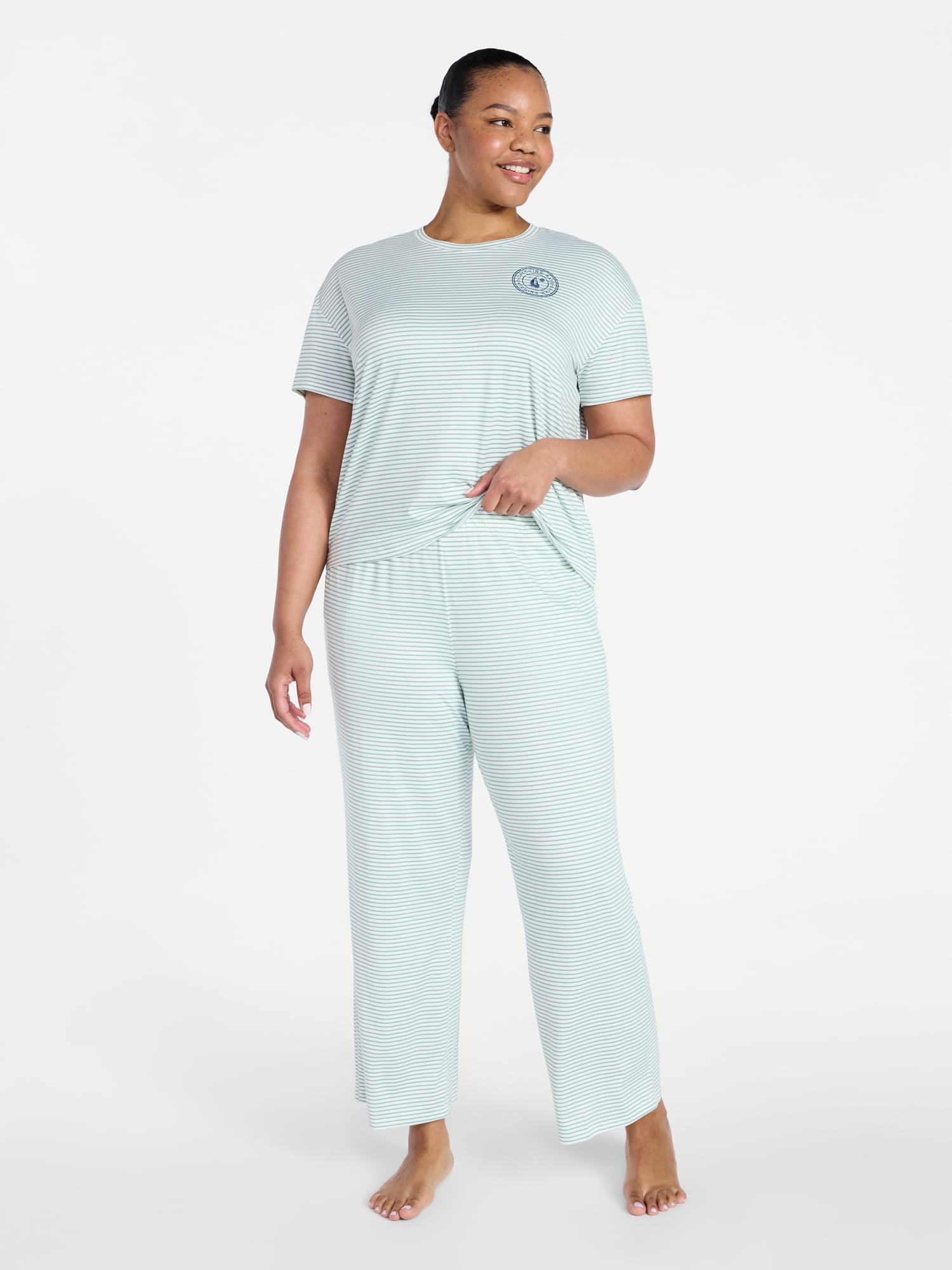 Joyspun Women's Dreamy Soft Collection Short Sleeve Sleep Top and Open Leg Pants Pajama Set, 2-Piece, Sizes XS-3X