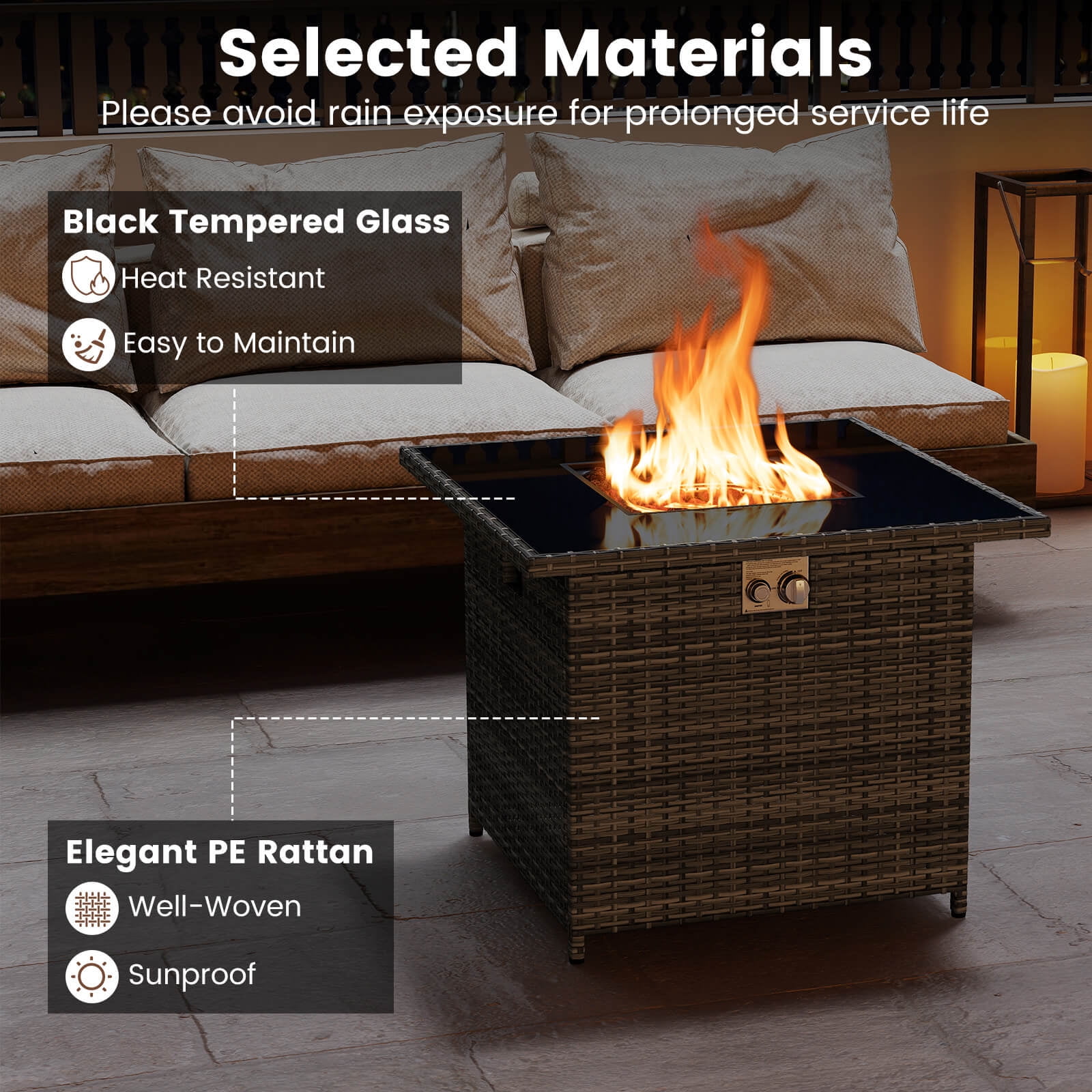 Costway 32.5" Propane Fire Pit Table Outdoor Wicker Gas Firepit with Stainless Steel Burner Gray